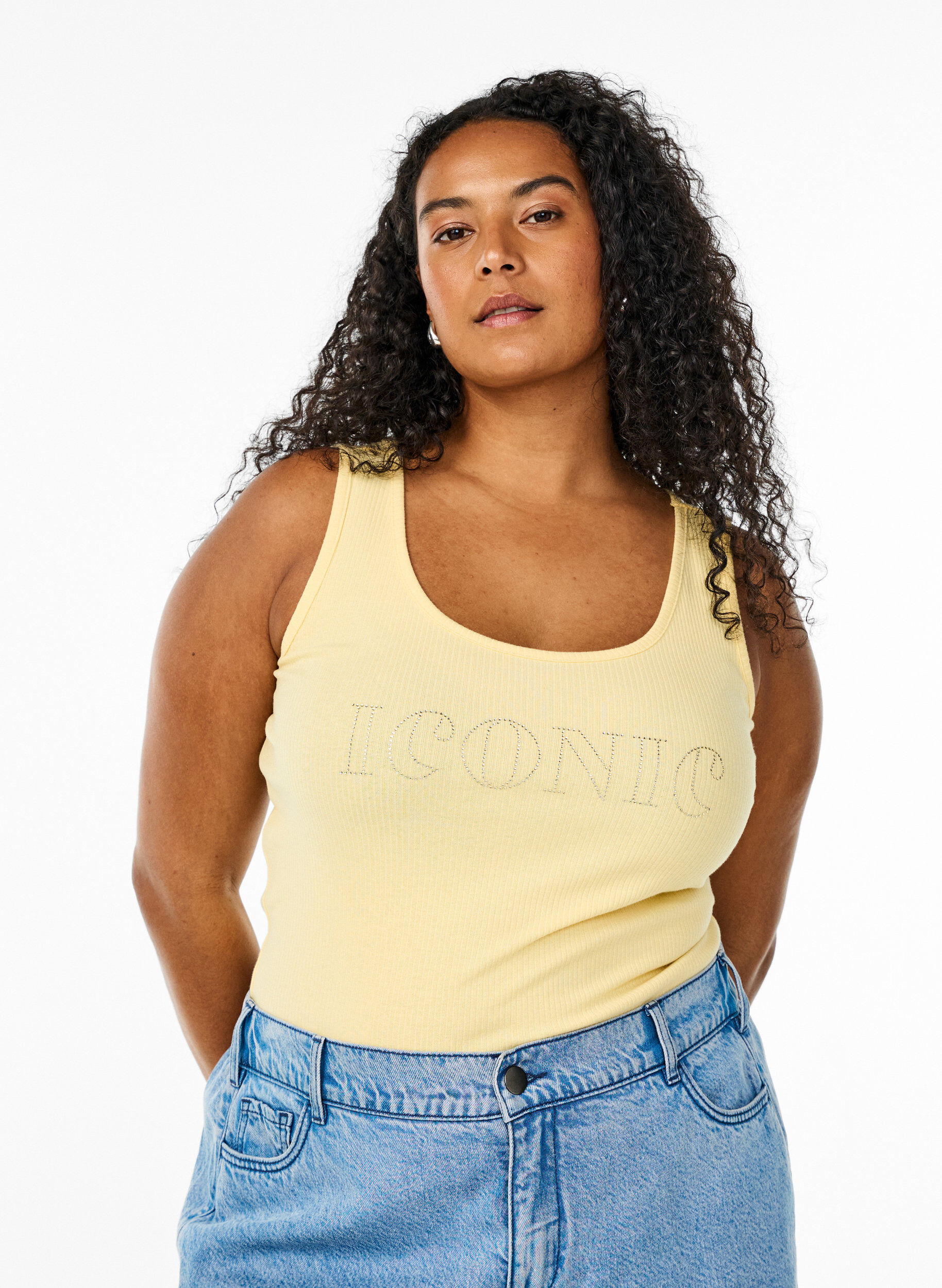 Tanktop met strass steentjes en slanke pasvorm, Geel, Model