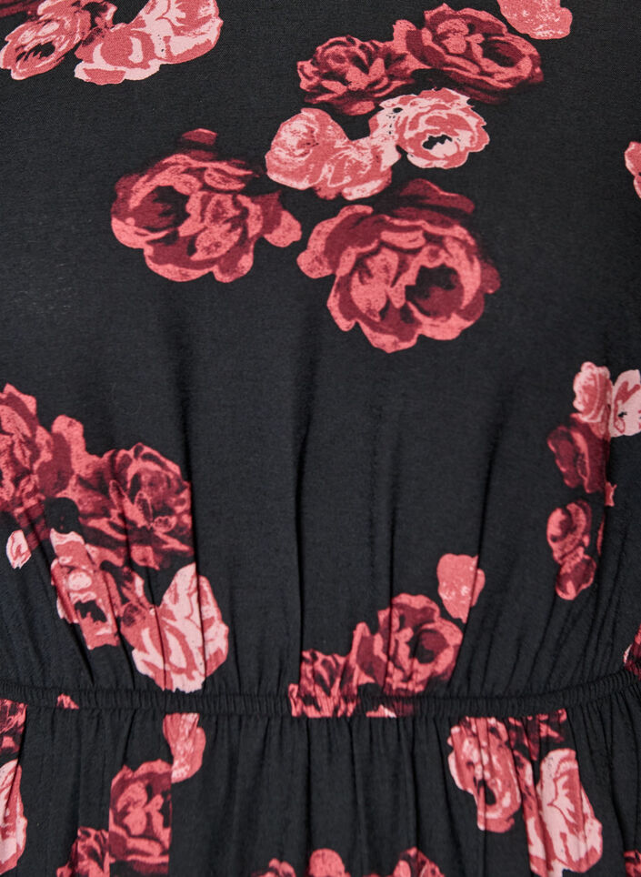 Midi-jurk met rozenprint en korte ballonmouwen, Zwart, Packshot image number 2