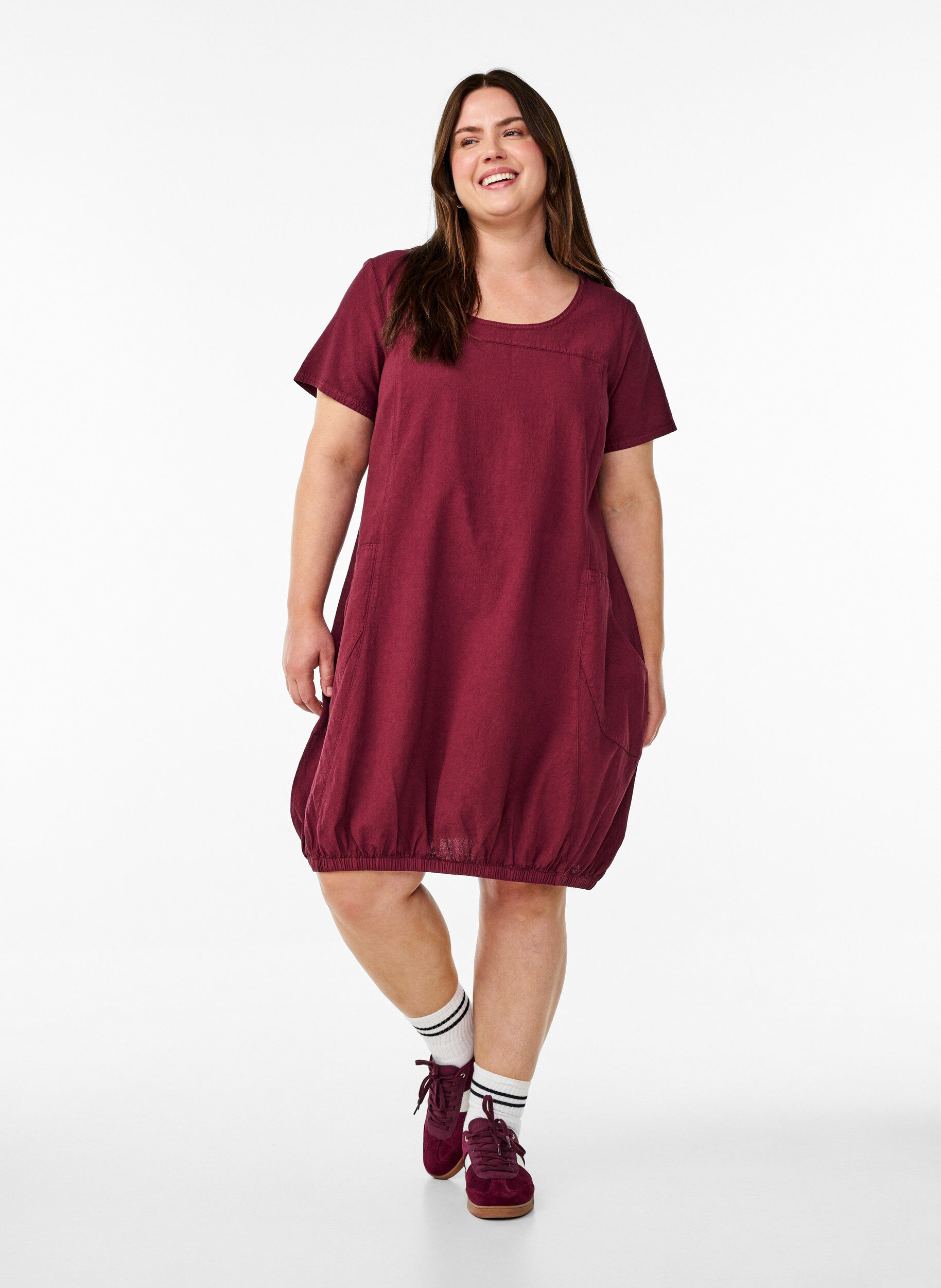 ZizziKatoenen jurk met korte mouwen, Donker Bordeaux, Model image number 1