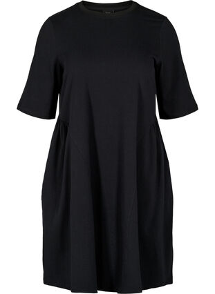  Katoenen jurk met korte mouwen en plooi, Black, Packshot image number 0