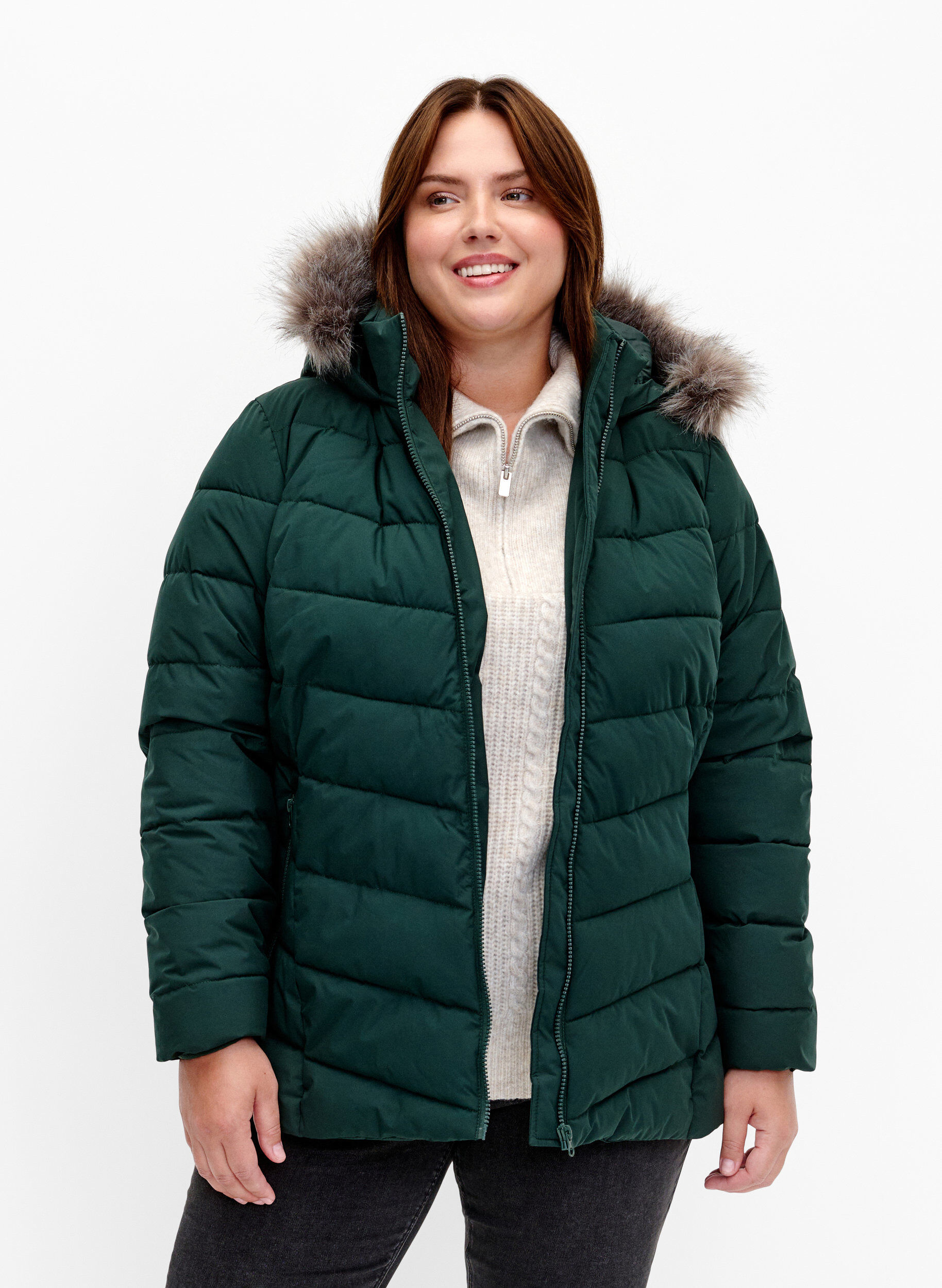 Kort pufferjack met capuchon, Groen, Model