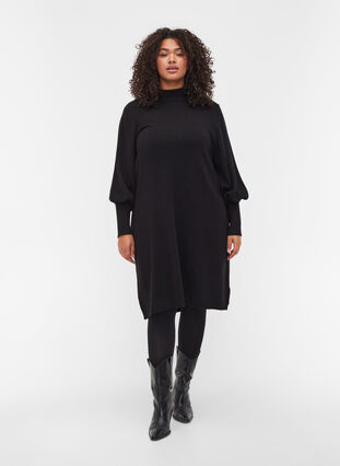 Robe en tricot à col rond et manches longues, Black, Model image number 2