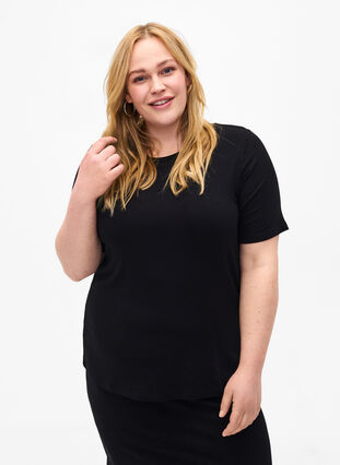 T-shirt en viscose côtelée, Black, Model image number 0