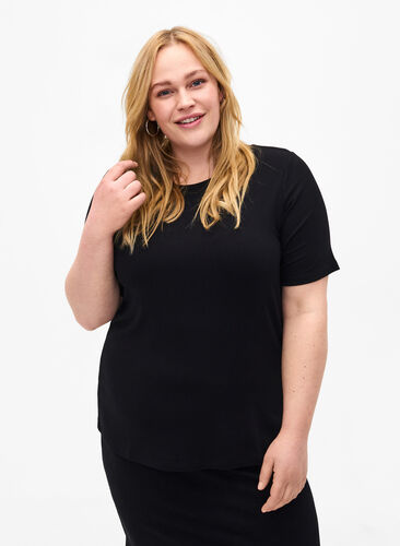 T-shirt en viscose côtelée, Black, Model image number 0