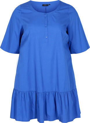 Tunique en coton à manches courtes et coupe trapèze, Dazzling Blue, Packshot image number 0