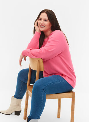 Pull en tricot de couleur unie avec nervures, Hot Pink Mel., Model image number 2