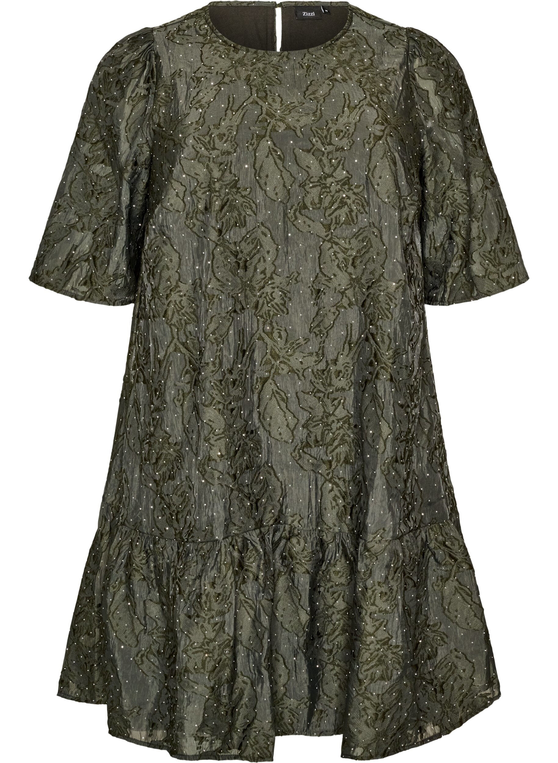 Jacquard jurk met glanzende details en pofmouwen