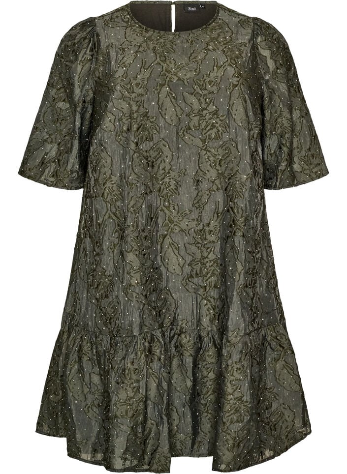 Jacquard jurk met glanzende details en pofmouwen, Groen, Packshot image number 0