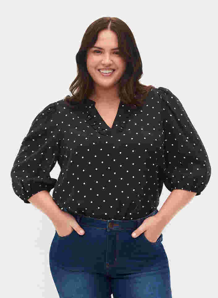 Gestippelde blouse met 3/4 mouwen in viscose, Black Dot, Model
