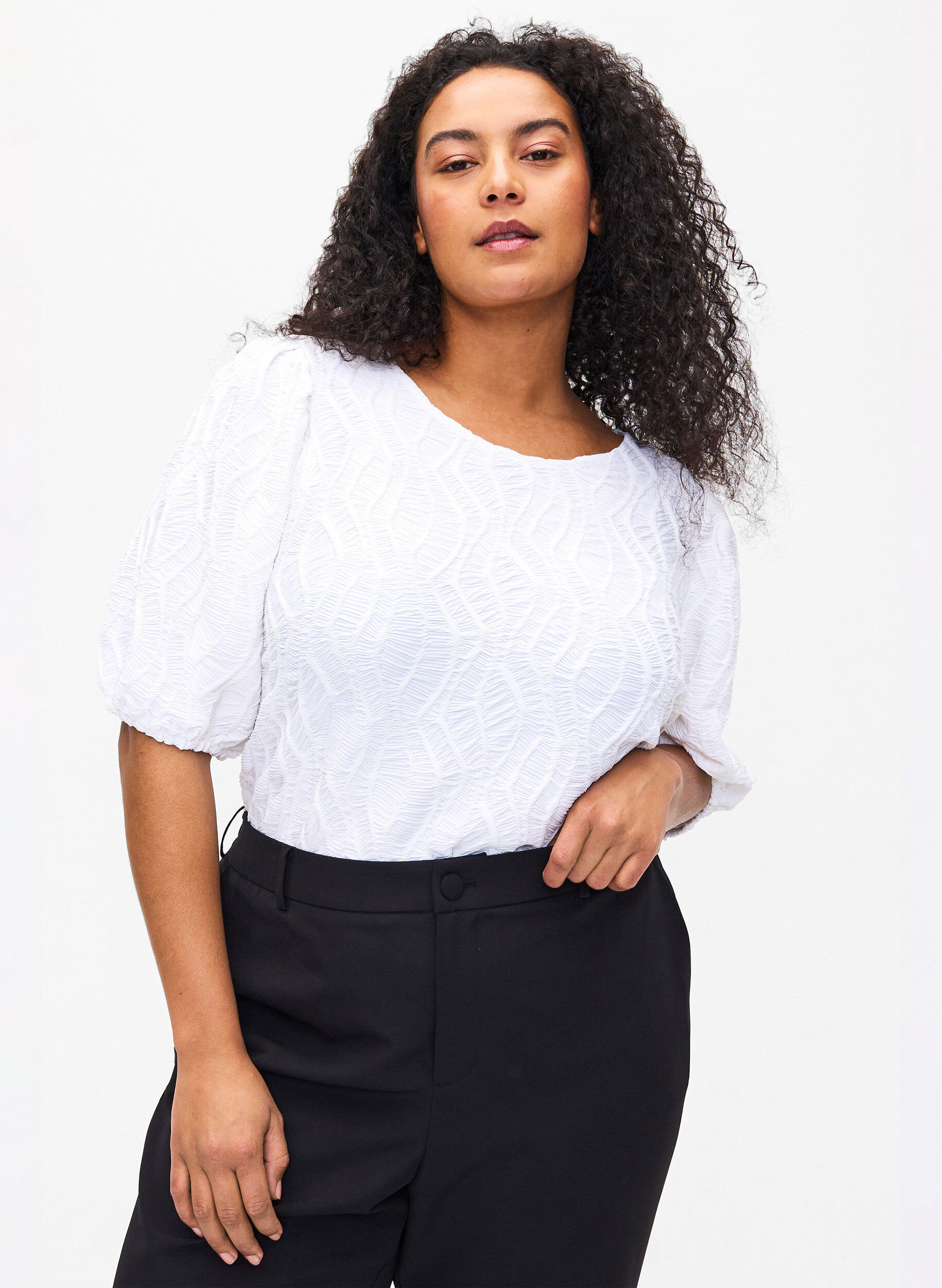 ZizziBlouse met structuur en korte mouwen, Bright White, Model image number 0