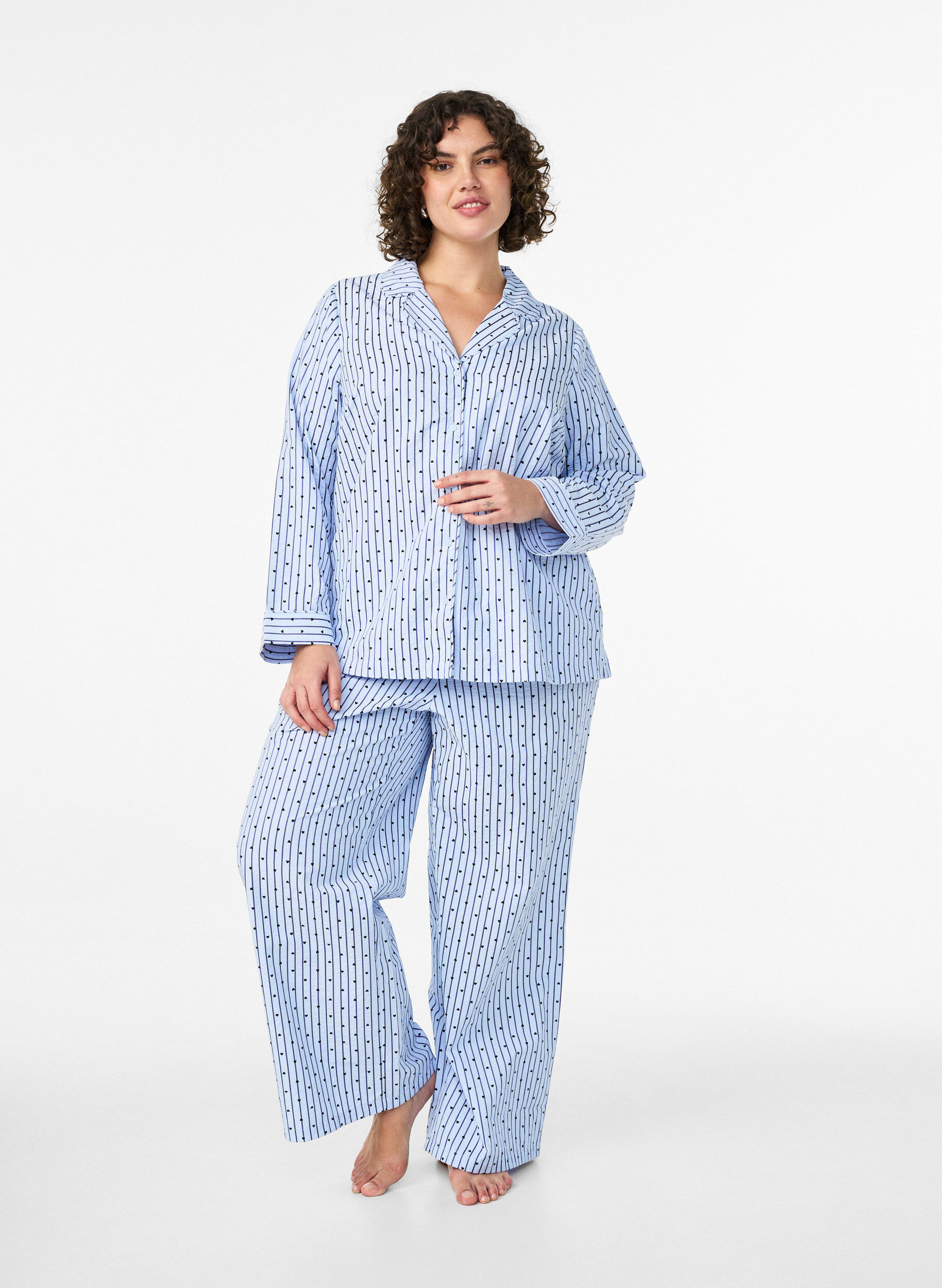 Losse seersucker-pyjamabroek met hoge taille, Blauw, Model