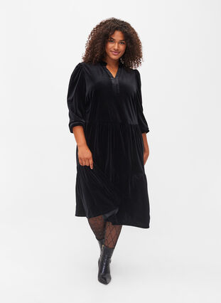 Robe en velours avec col à volants et manches 3/4, Black, Model image number 0