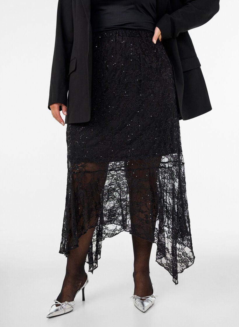 Jupe midi en dentelle avec sequins, Noir, Model image number 0