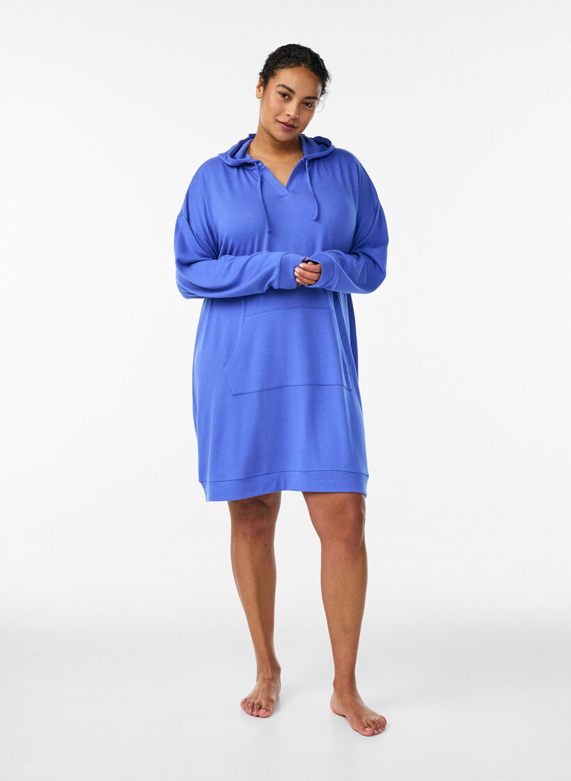 Robe sweat &agrave; capuche courte avec poche kangourou, Bleu, Model image number 1