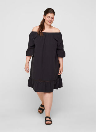 Katoenen jurk met kanten rand en korte mouwen, Black, Model image number 0