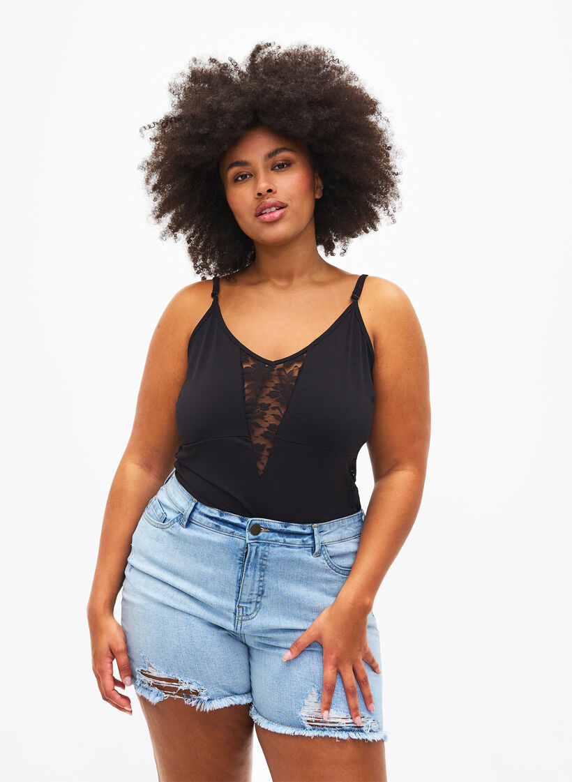 Korte spijkerbroek met versleten details, Light Blue Denim, Model image number 0