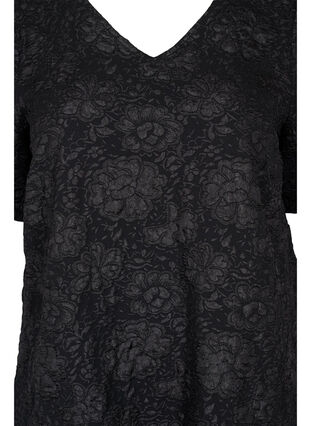 Robe à manches courtes avec col en V et structure florale, Black, Packshot image number 2