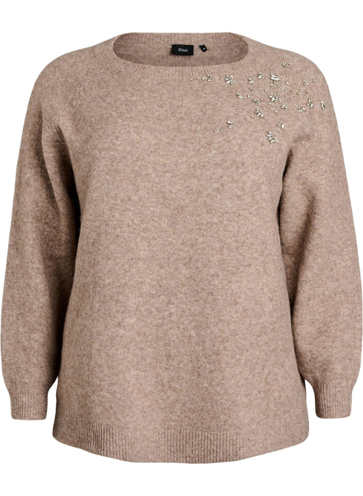 Gebreide blouse met strassteentjes en studs, Beige, Packshot image number 0