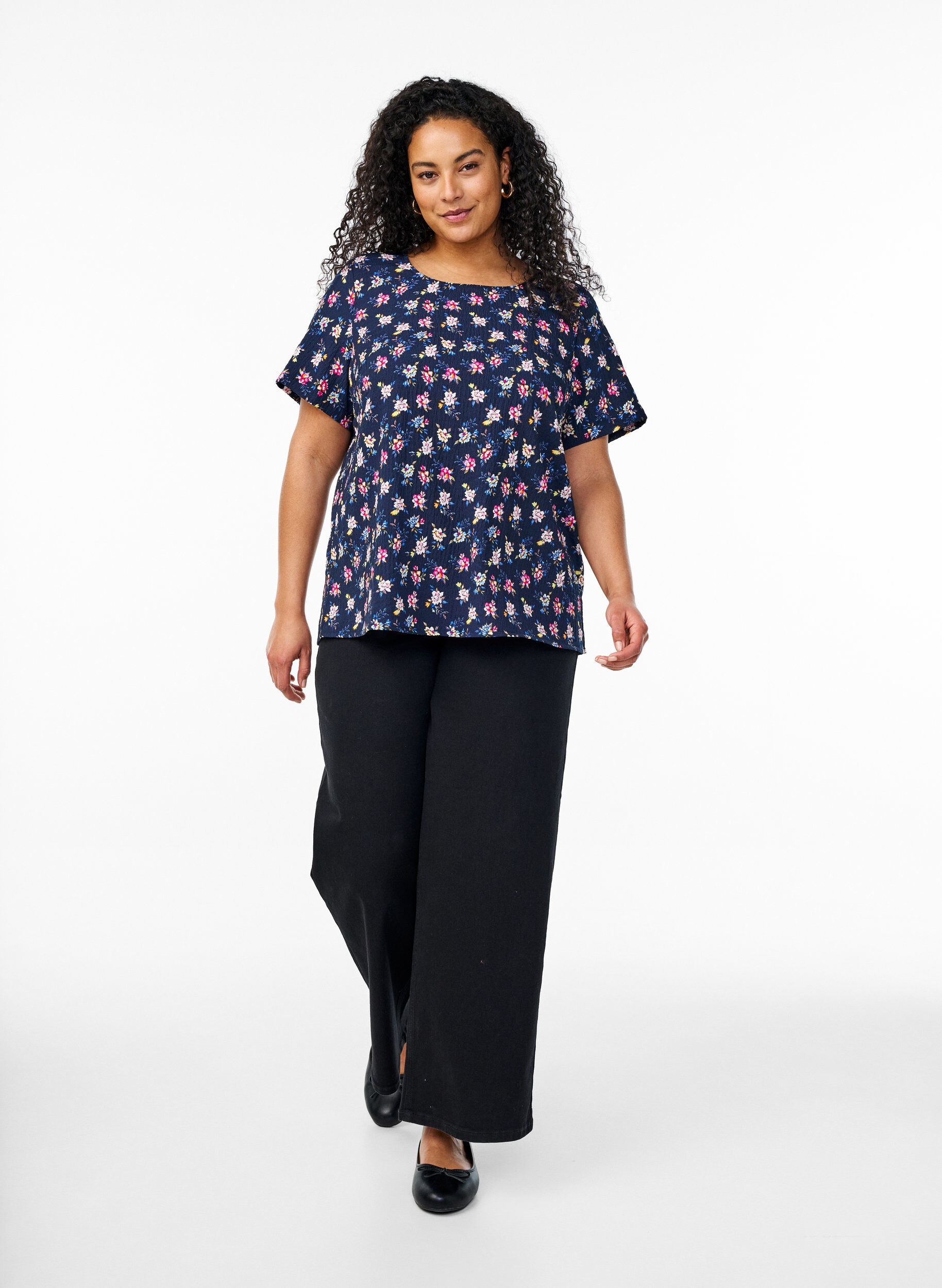 ZizziBlouse met korte mouwen en textuur, Blauw, Model image number 1