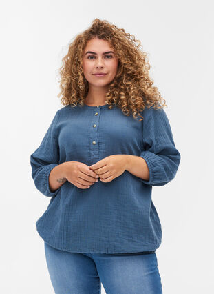 Katoenen blouse met knopen en 3/4-mouwen, Bering Sea, Model image number 0