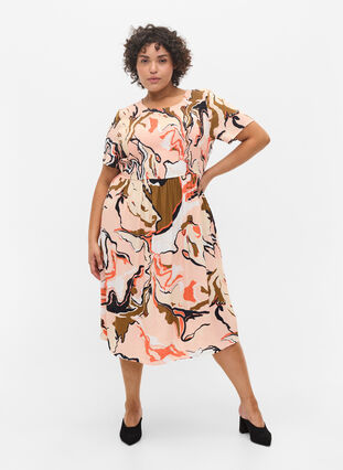 Viscose jurk met print en smokwerk, Abstract AOP, Model image number 2