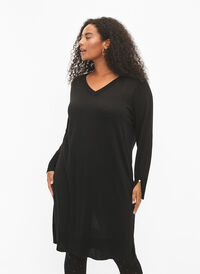 Gebreide jurk van viscose met glitters en splitten, Black w. DTM Lurex, Model