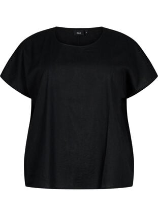 Katoenen blouse met korte mouwen van katoenmix met linnen, Black, Packshot image number 0