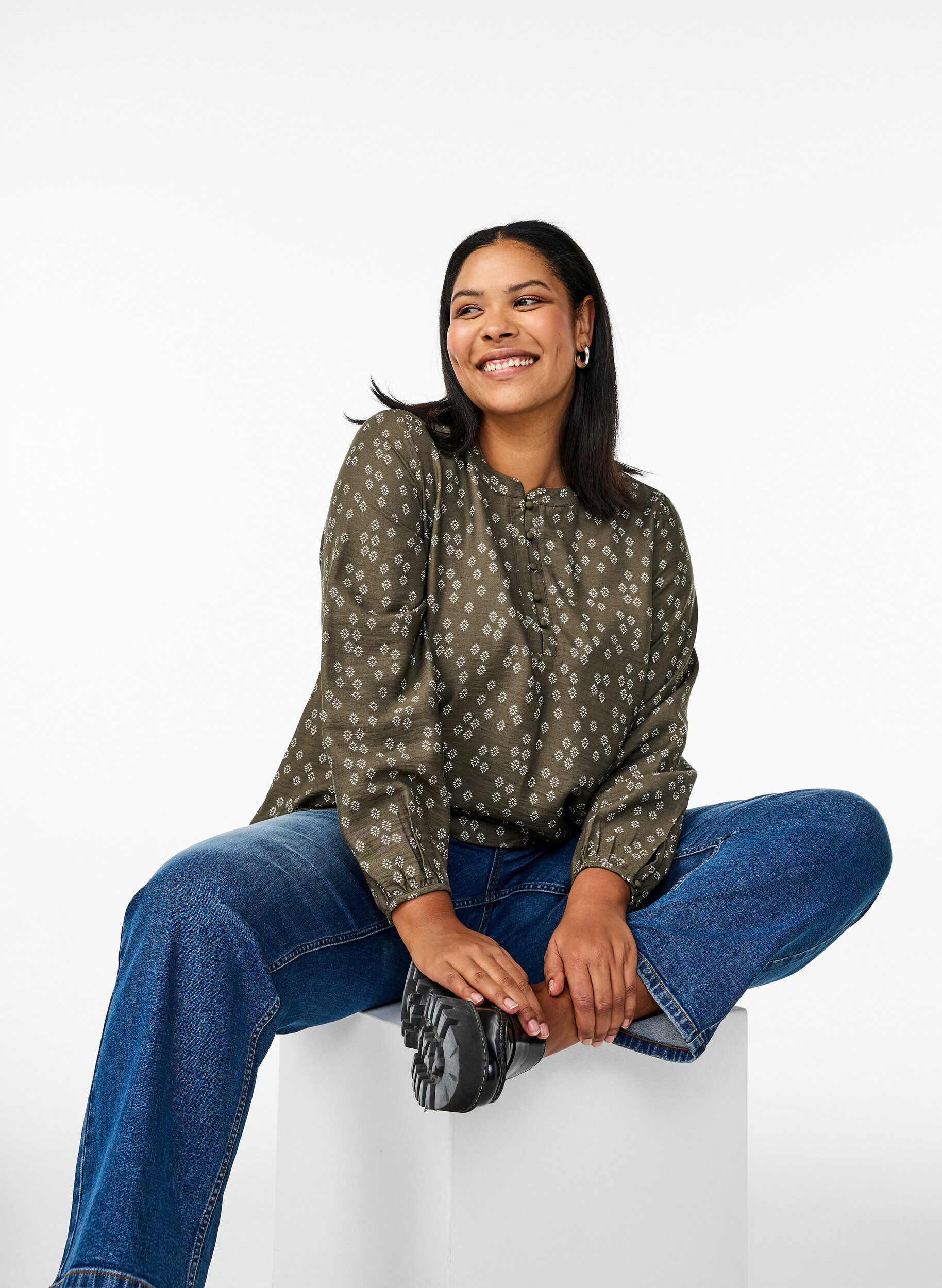 ZizziBlouse met lange mouwen met patroon en knopen, Groen, Image image number 0