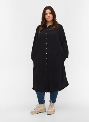 Robe chemise longue en viscose, Black, Model image number 0