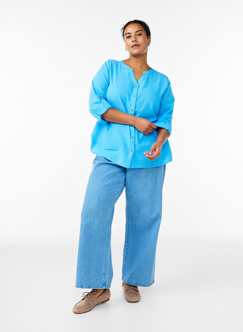 Katoenen blouse met V-hals, Blauw, Model image number 1