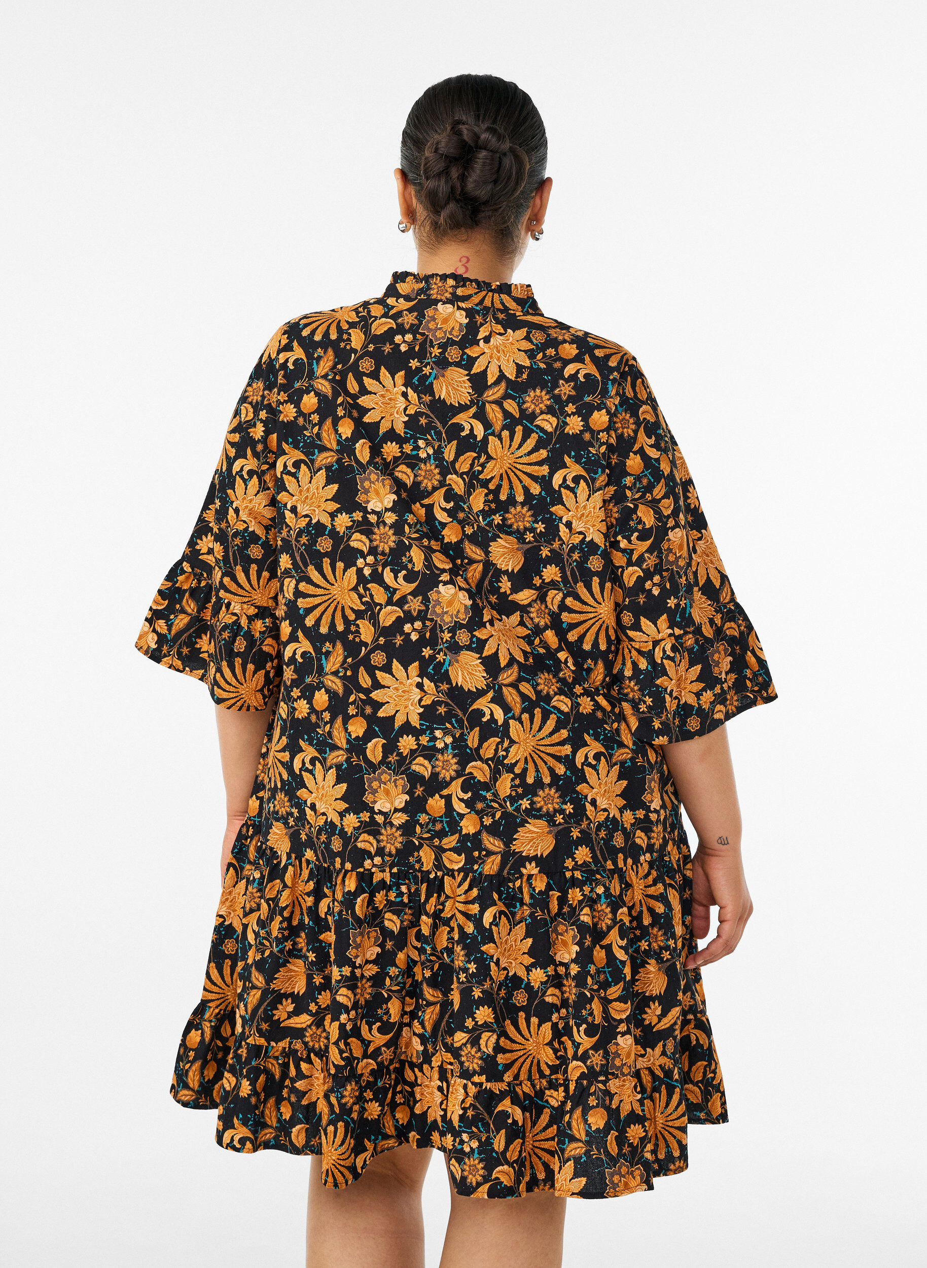 ZizziRobe florale en coton avec volants et coupe &eacute;vas&eacute;e ample, Orange, Model image number 2