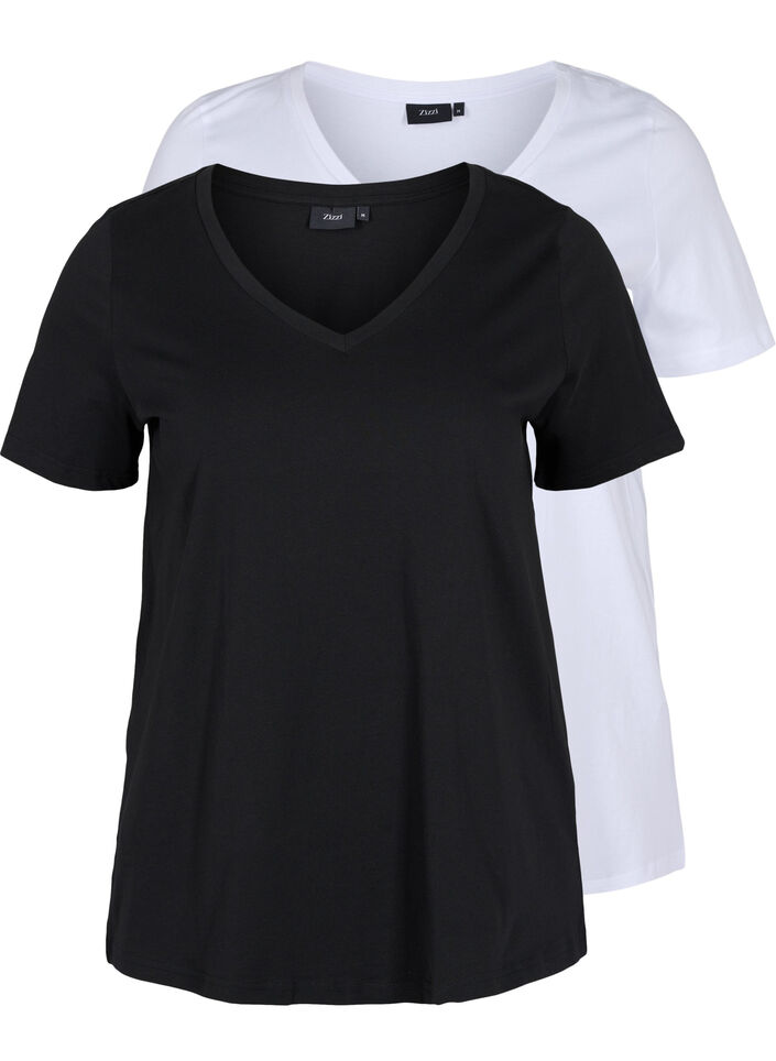 Set van 2 basic t-shirts in katoen, Black/Bright W, Packshot image number 0