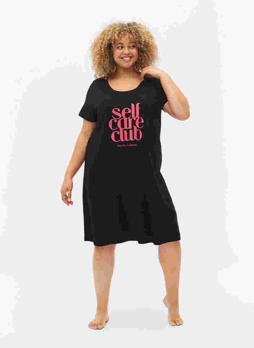 Katoenen nachthemd met korte mouwen, Black w. Self Care, Model image number 2
