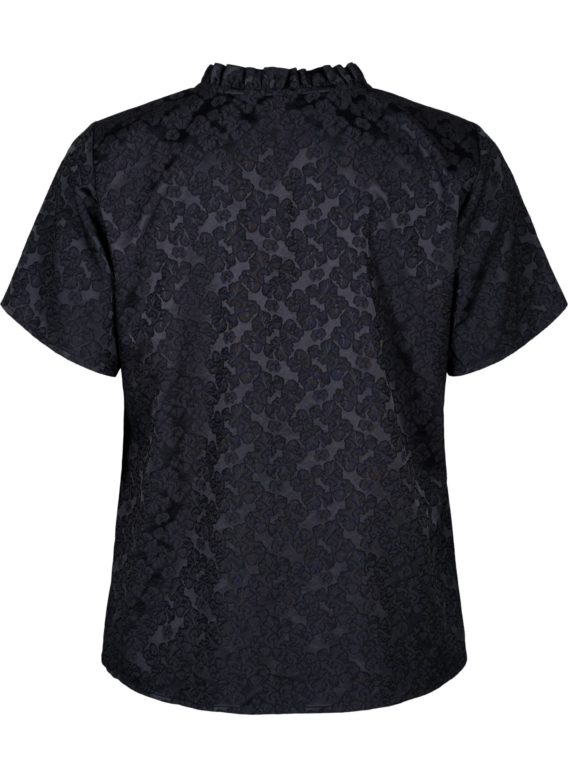 ZizziJacquard blouse met korte mouwen en strikjes, Zwart, Packshot image number 1