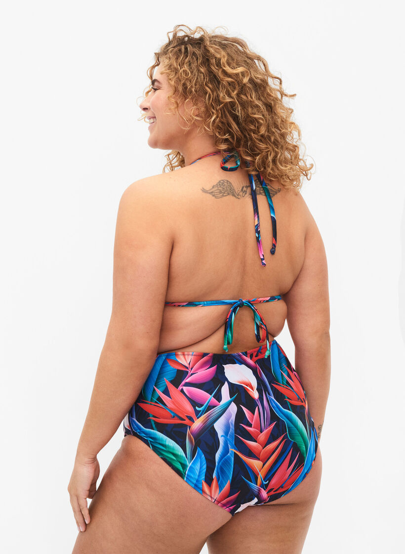Bas de bikini à imprimé et taille haute, Bleu, Model image number 1
