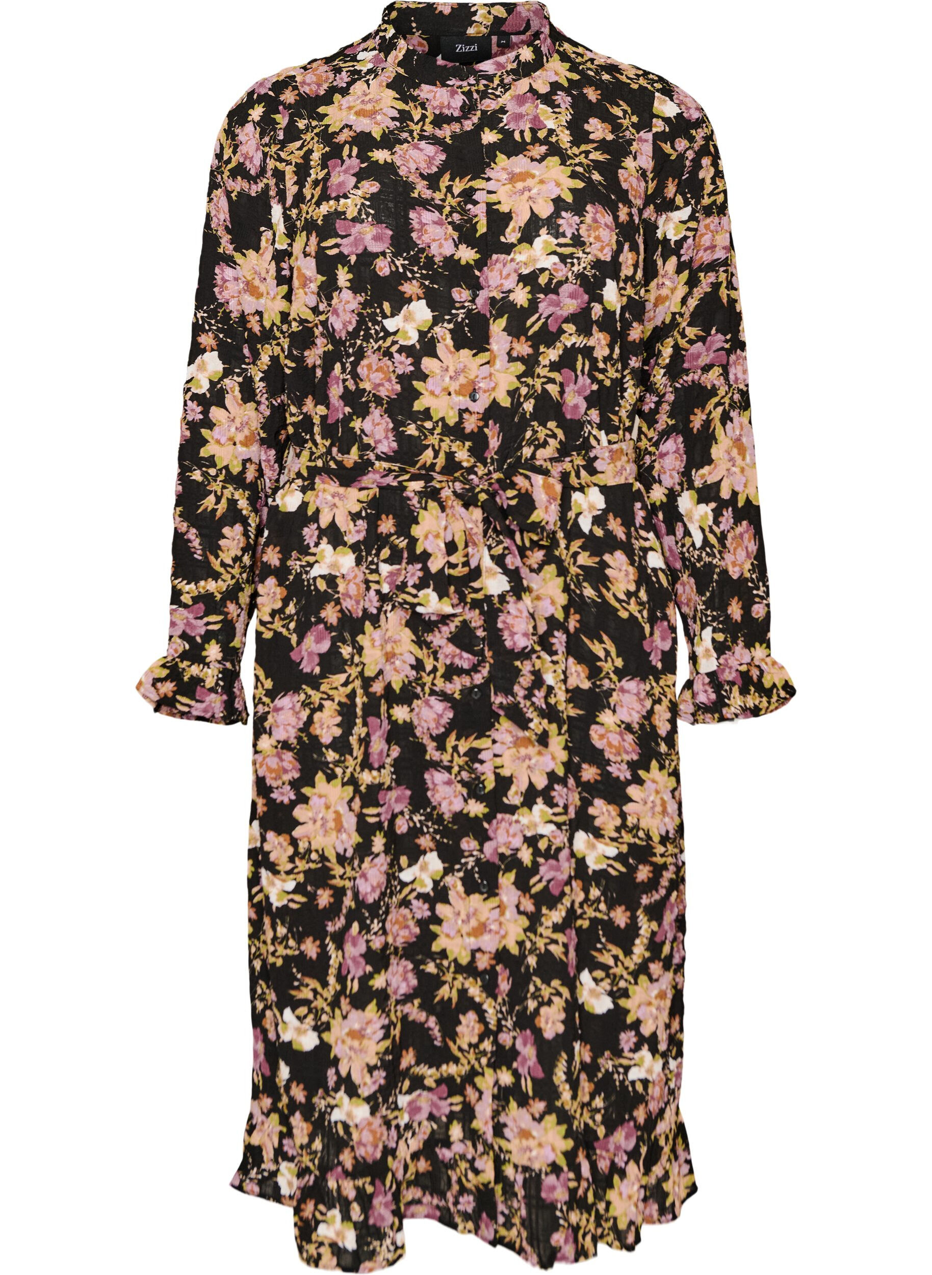 ZizziMidi-jurk met bloemenprint en afneembare strikceintuur, Zwart, Packshot image number 0