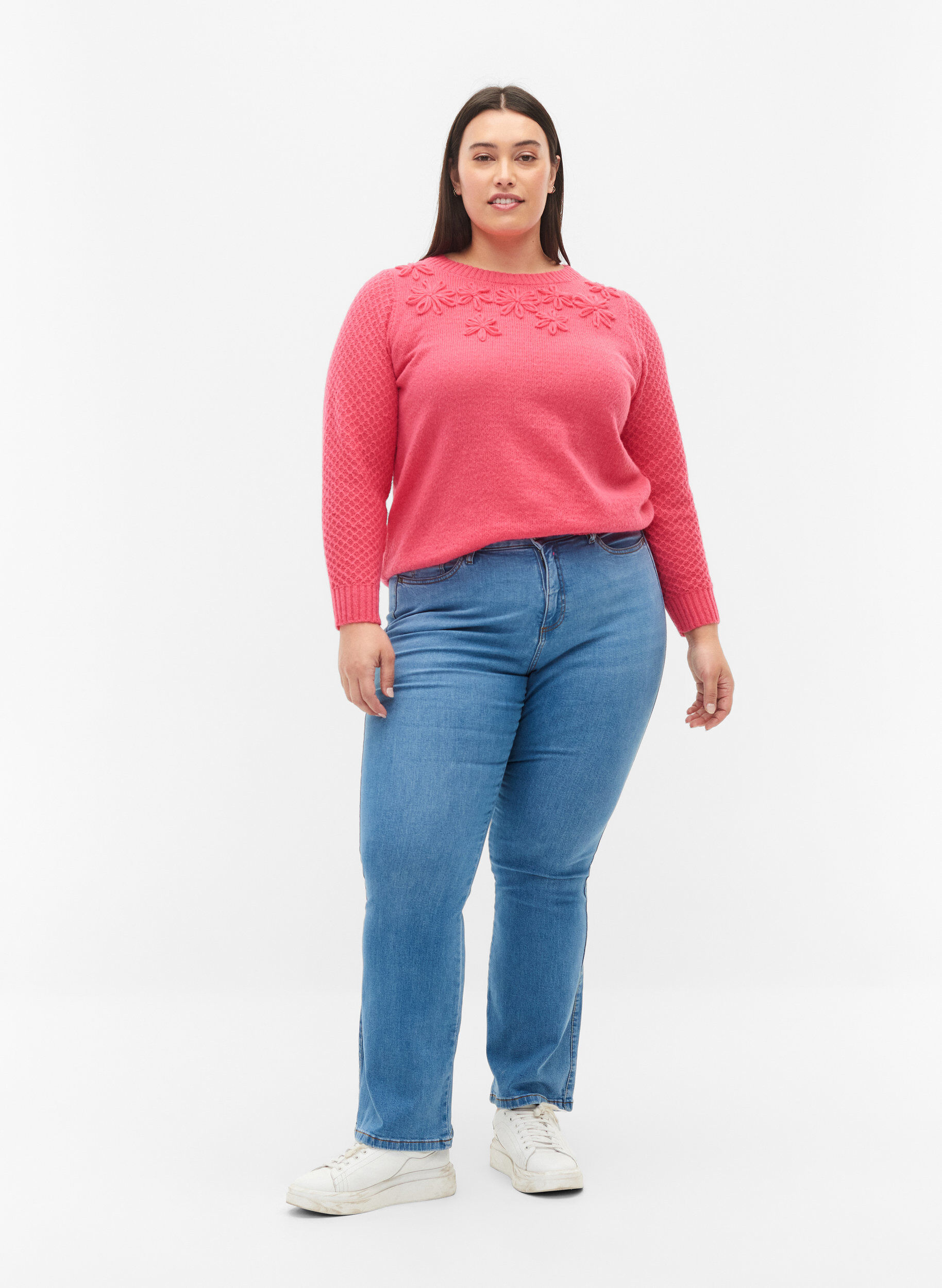 ZizziGebreide trui met bloemendetail, Hot Pink, Model image number 3