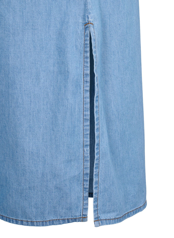 Denim jurk met split en korte mouwen, Blue denim, Packshot image number 3