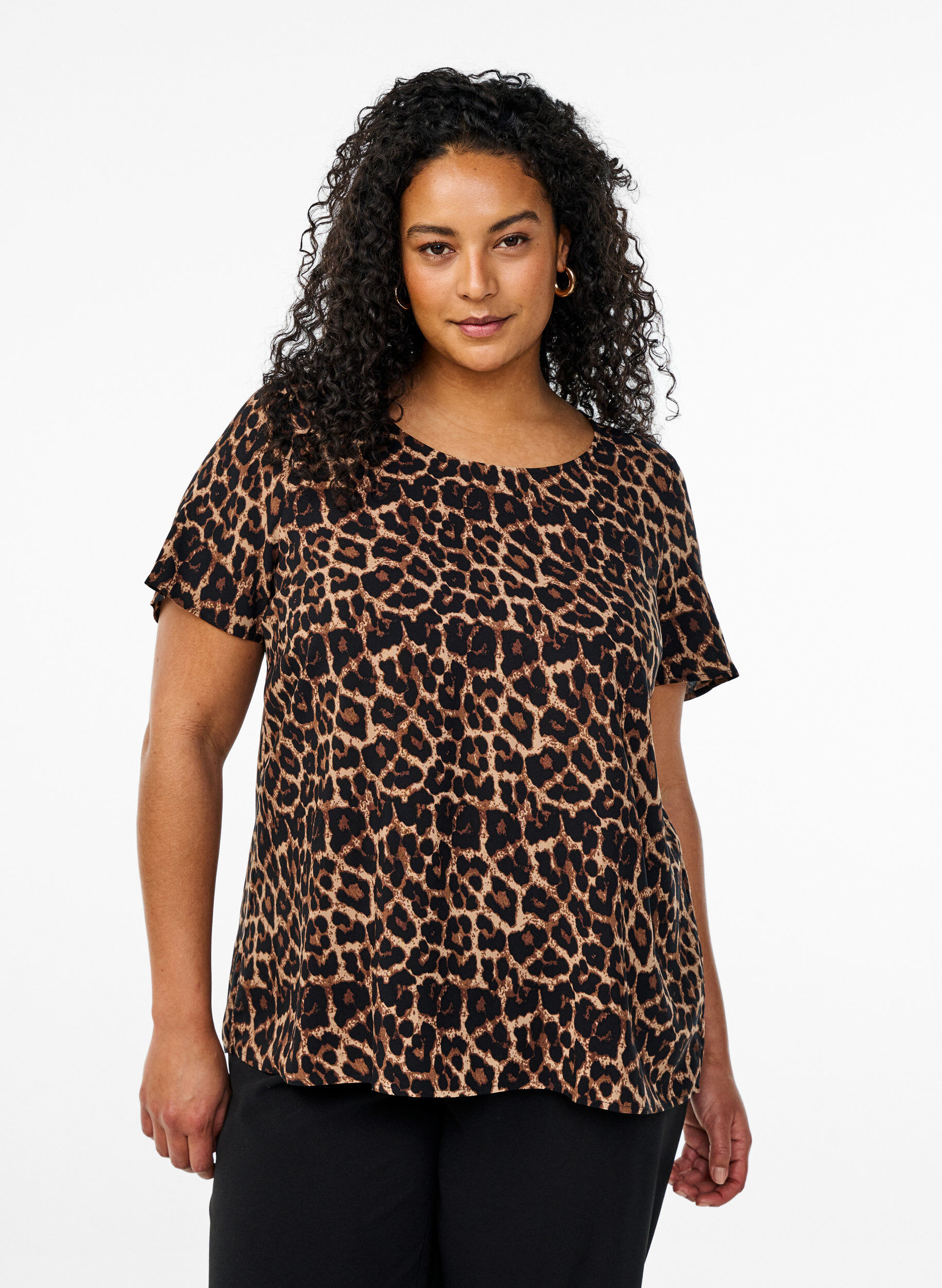 ZizziFLASH - Viscose blouse met korte mouwen en print, Bruin, Model image number 0