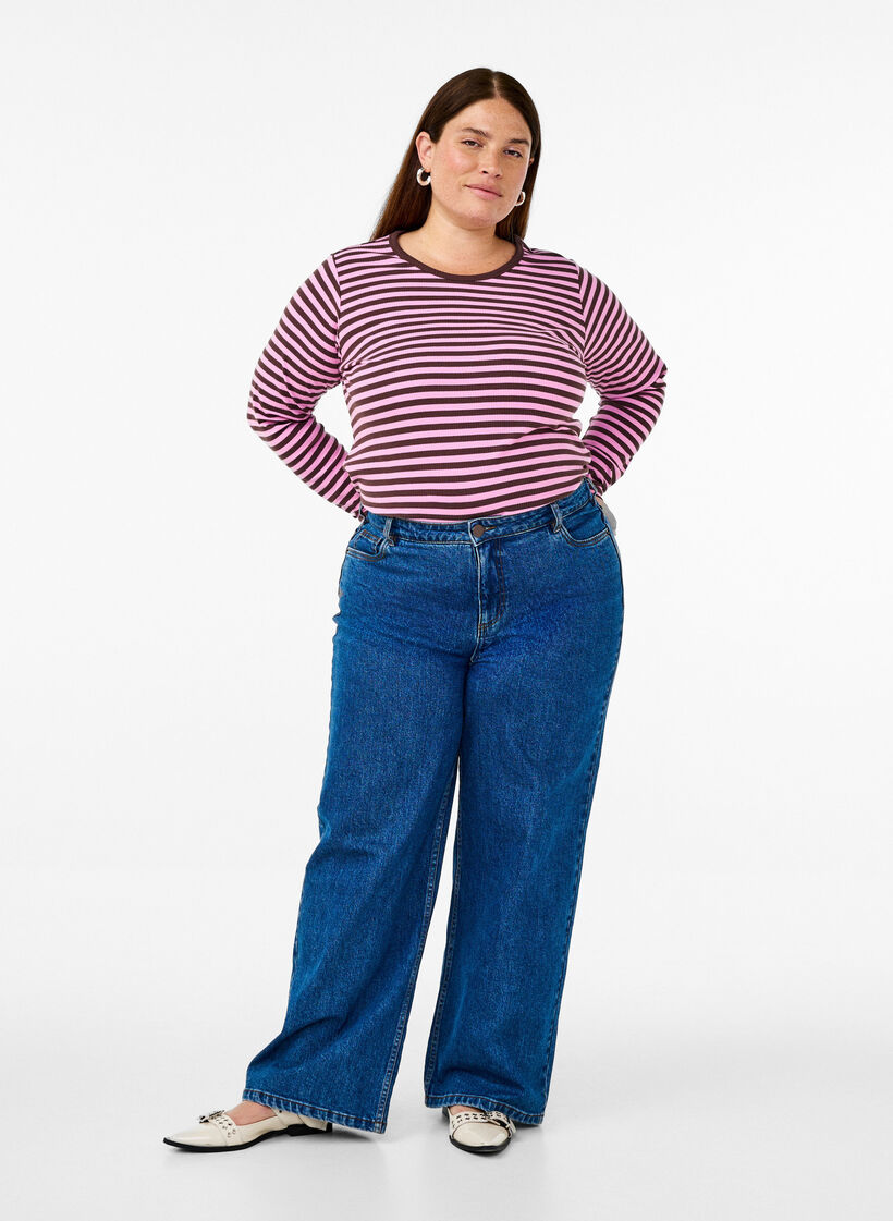 Gestreepte blouse met lange mouwen, Roze, Model image number 1