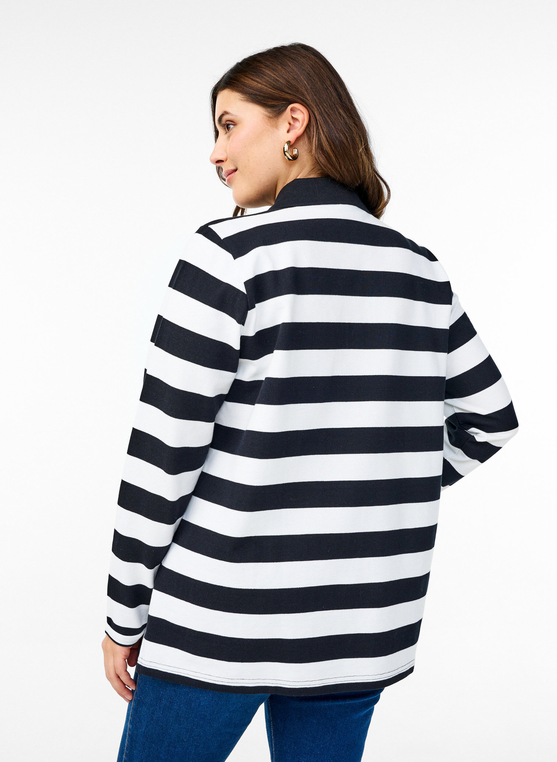 ZizziGestreepte polo met lange mouwen, Zwart, Model image number 2