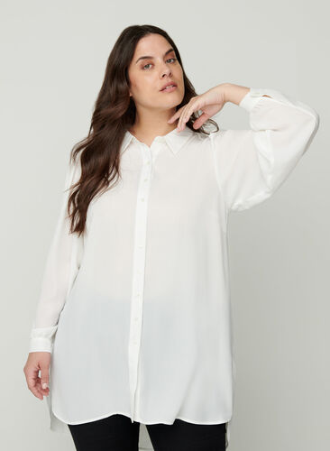 Lange blouse met lichte pofmouwen, Bright White, Model image number 0