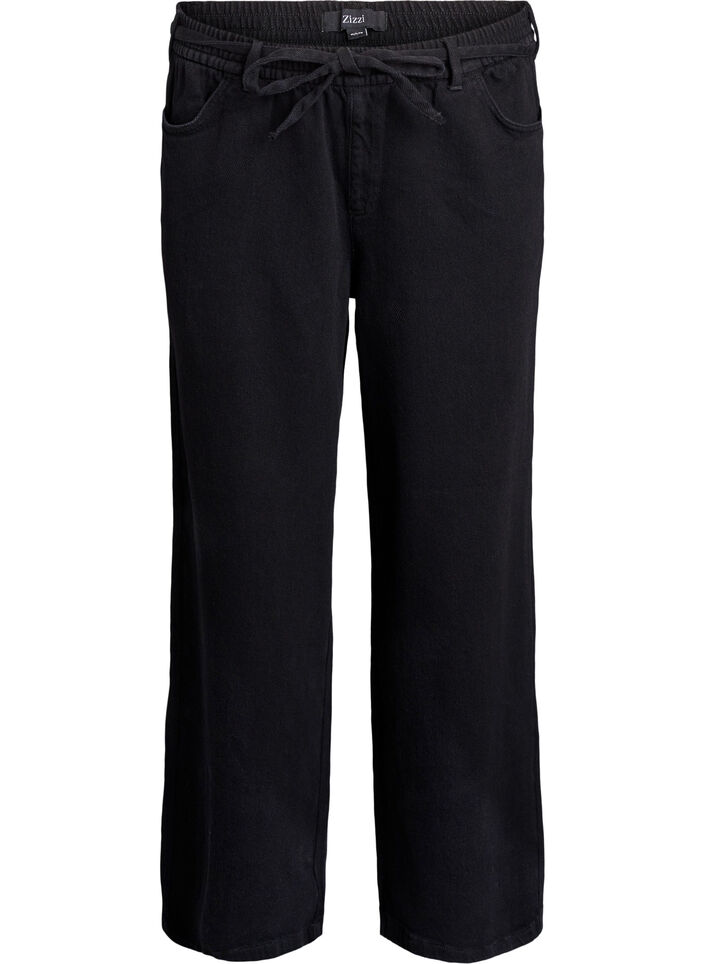 Losse pasvorm jeans met een elastische tailleband en een trekkoord, Zwart, Packshot image number 0