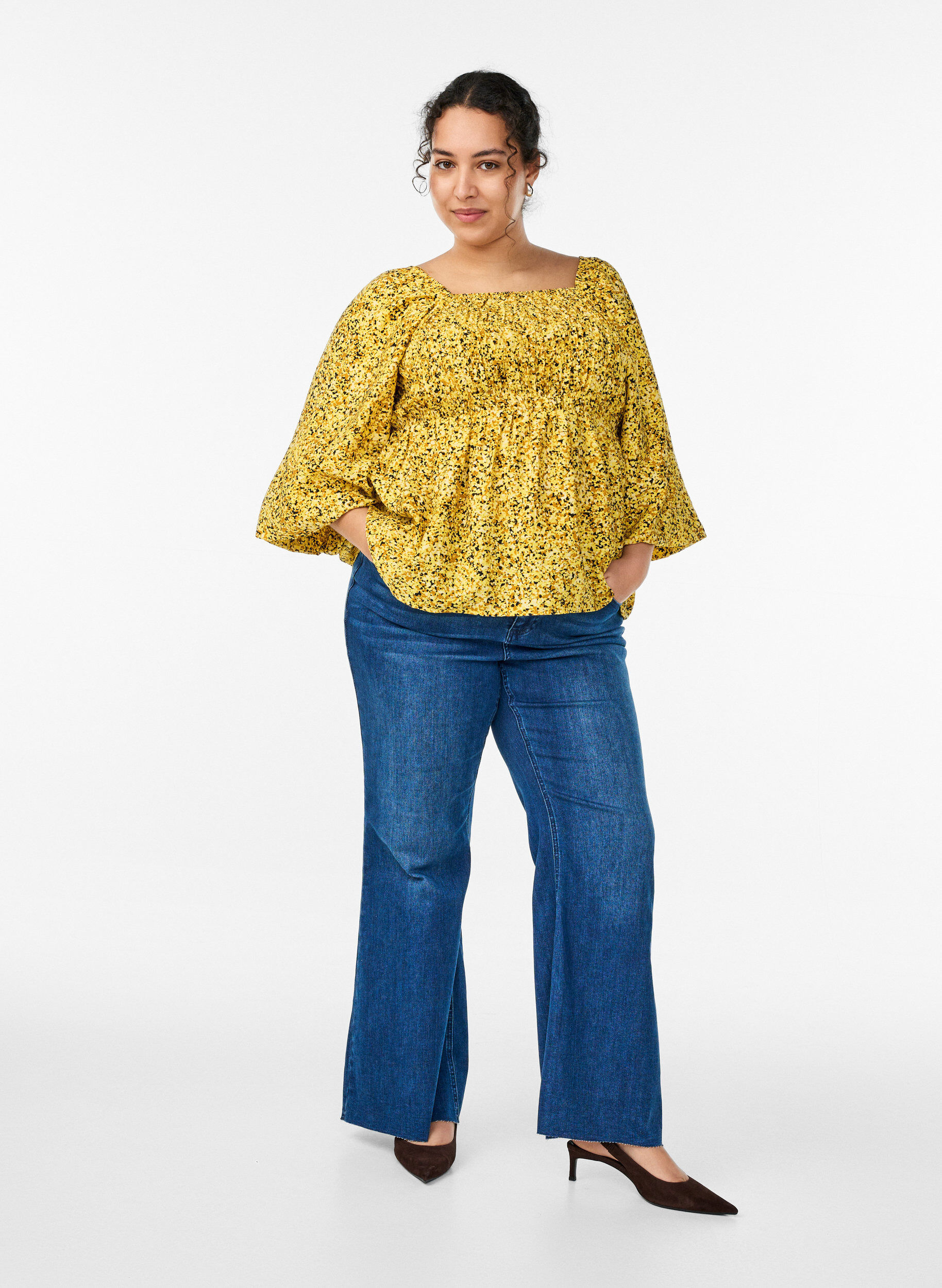 ZizziBlouse smock&eacute;e &agrave; encolure carr&eacute;e, Jaune, Model image number 1