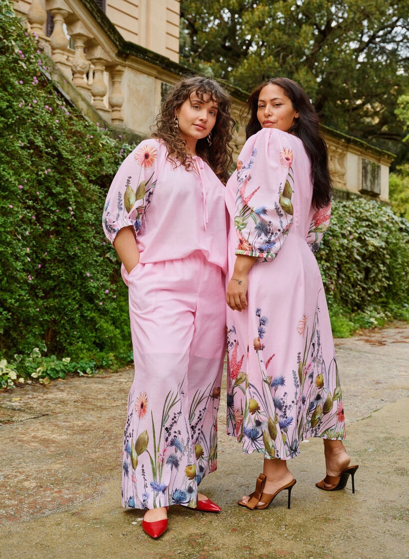 Pantalon &agrave; imprim&eacute; floral et coupe ample, Rose, Image