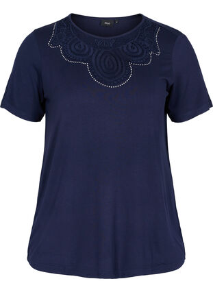 T-shirt manches courtes en viscose avec détails en dentelle, Navy Blazer, Packshot image number 0