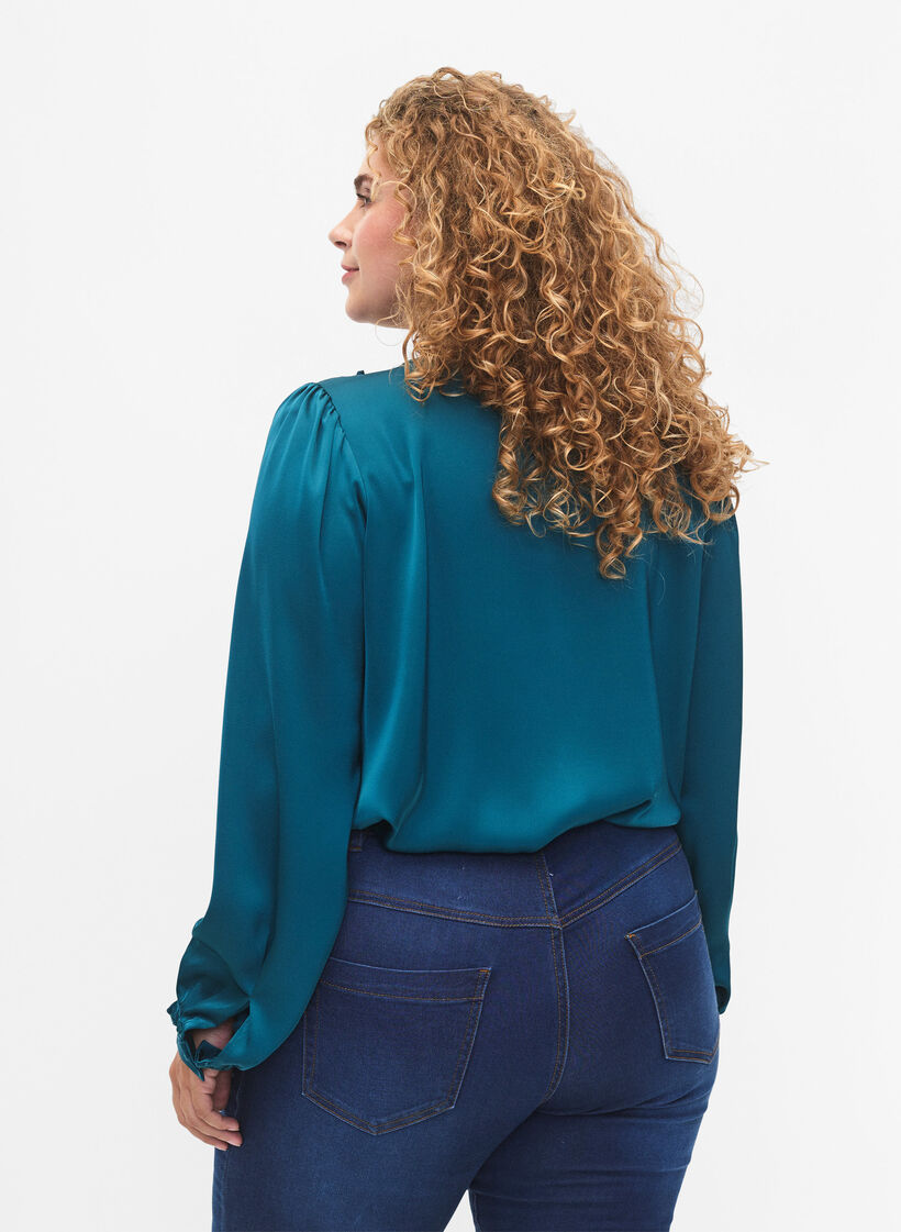 Satijnen overhemd blouse met ruches, Shaded Spruce, Model image number 1