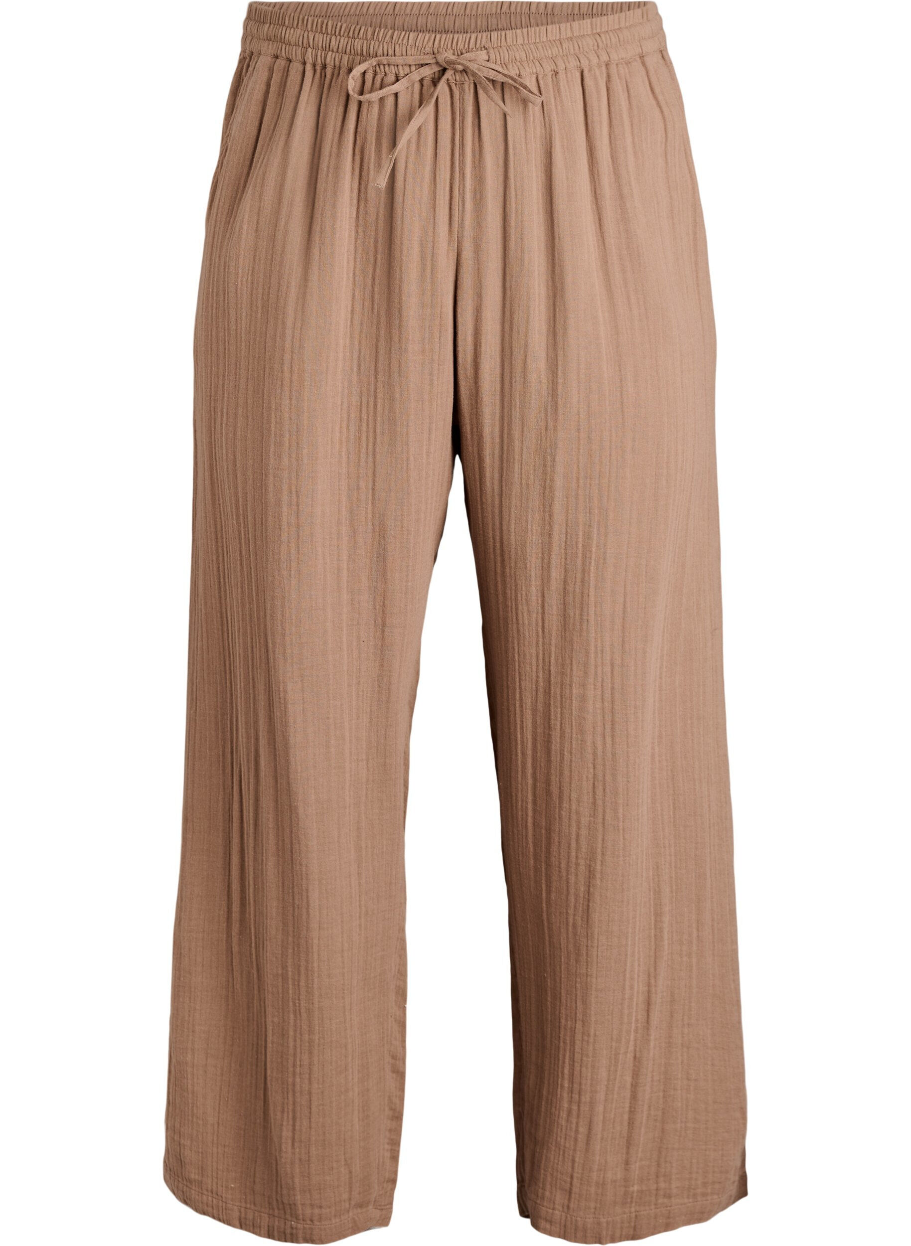 High-waist katoenen mousseline broek met losse pijpen