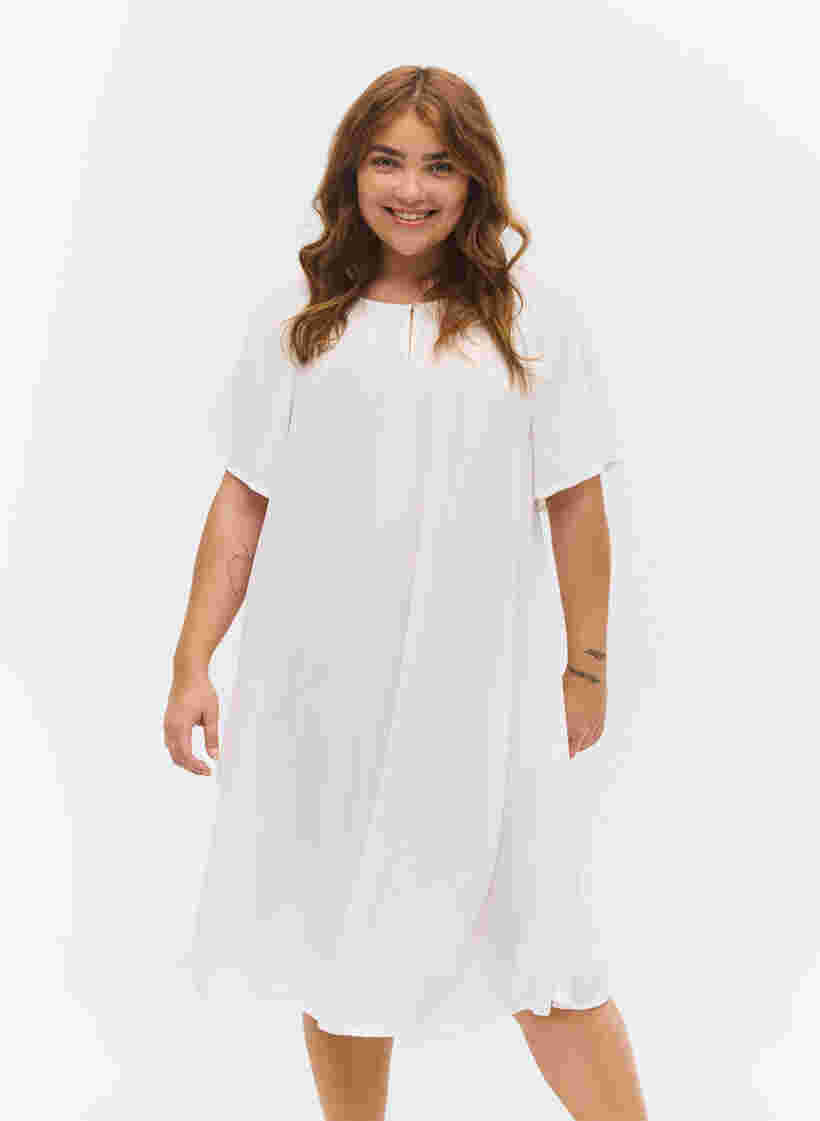 Viscose jurk met korte mouwen, Bright White, Model image number 0