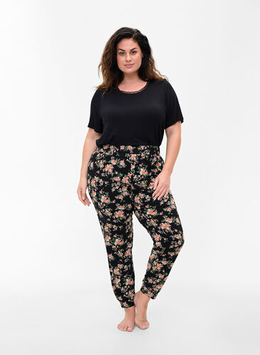 Pantalon de pyjama en coton avec imprimé floral, Black Flower, Model image number 0